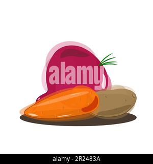 Barbabietole viola vettoriali e carota arancione con patate marroni in stile acquerello con ombra su sfondo bianco. Illustrazione Vettoriale
