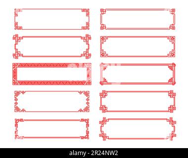 Cornice rettangolare rossa asiatica cinese, giapponese, coreana e bordi. Cultura orientale tradizionale linea ornamento telaio vettore. Invito o biglietto d'auguri bordi decorazione asiatica con nodo rosso Illustrazione Vettoriale