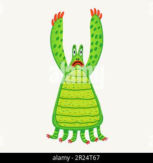 Simpatico mostro vettore cartoon. Personaggio verde mostro triste con texture punteggiata. Illustrazione vettoriale disegnata a mano in uno stile audace e moderno. Illustrazione Vettoriale