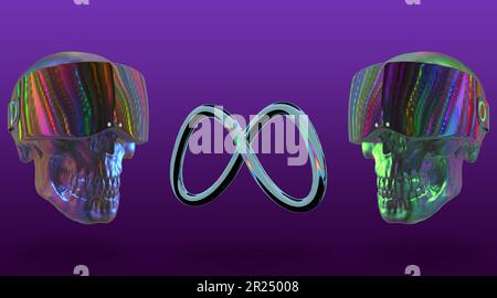 Cranio cyberpunk - 3D immagine di un cranio fantascientico che indossa occhiali per realtà virtuale. Rendering Foto Stock