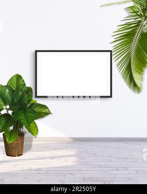 Un telaio mockup su una parete bianca con piante a foglia verde 3D rende l'illustrazione. Foto Stock