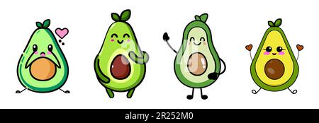 Carino cartoon avocado caratteri vettore su bianco. Illustrazione Vettoriale