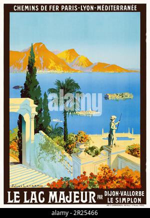 Chemins de fer Paris - Lyon - Méditerranée. Le Lac Majeur par Dijon-Vallorbe. Le Simplon di Julien Lacaze (1886-1971). Poster pubblicato nel 1913 in Francia. Foto Stock