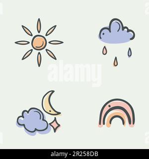 Pittogramma meteorologico, set di icone disegnate a mano, tratto pennello scarabocchio, disegno cartone animato stile infantile, elementi isolati colorati Illustrazione Vettoriale