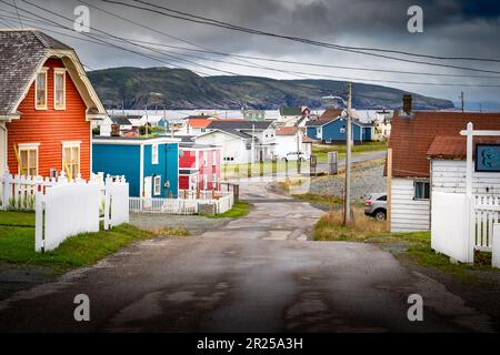 Piccola città Terranova strada con case colorate e case vacanze in affitto in Bonavista Canada lungo il Discovery Trail. Foto Stock