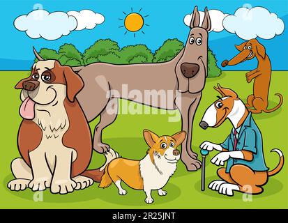 Illustrazione cartoon di divertenti cani purosanguini e cuccioli comic animal gruppo di caratteri Illustrazione Vettoriale