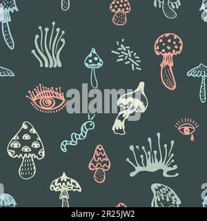 Pattern senza cuciture di elementi a fungo Groove simboli psichedelici su sfondo lavagna. Design retrò di icone hipster. Grafica in stile Doodle Illustrazione Vettoriale