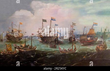 Il ritorno ad Amsterdam della seconda spedizione verso le Indie orientali del 19 luglio 1599, Andries Van Eertvelt, 1610-1620, Foto Stock