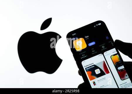 Bangal occidentale, India - 20 febbraio 2023 : Apple Suggerimenti app sullo schermo del telefono immagine stock. Foto Stock