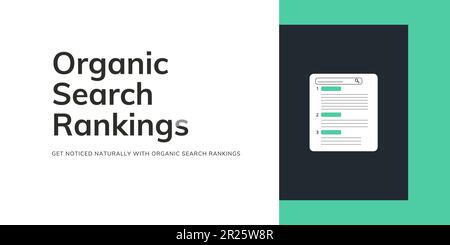 Ricerca organica Ranking Banner su sfondo bianco e verde. Banner SEO elegante con testo nero e icona per il business e il marketing Illustrazione Vettoriale