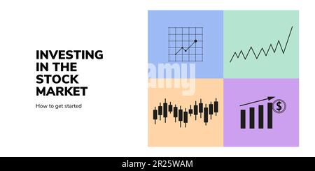 Banner mercato azionario su sfondo bianco. Banner elegante sugli investimenti di denaro con testo nero e grafici per il business e la finanza Illustrazione Vettoriale