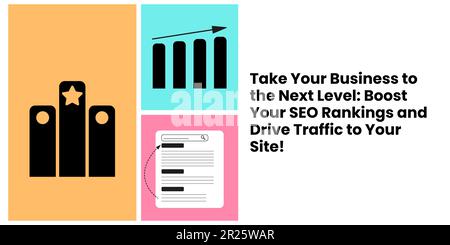 Banner SEO Boosting Rankings su sfondo chiaro. Banner SEO elegante con testo nero e icone per il business e l'marketing Illustrazione Vettoriale