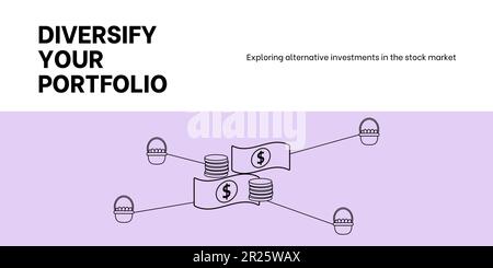 Banner diversificazione portafoglio su sfondo bianco e viola. Banner elegante per investimenti azionari con testo nero e icone per il business e la finanza Illustrazione Vettoriale