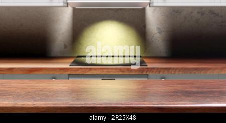 Tavolo di legno vuoto, sfocatura casa cucina sfondo interno. Modello per la presentazione del prodotto. rendering 3d Foto Stock