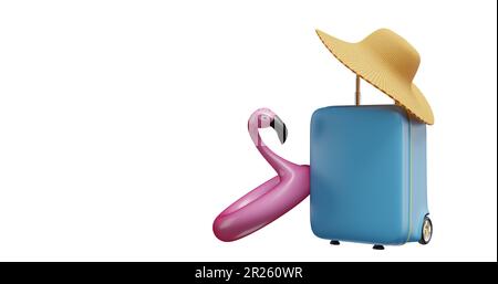 Estate tempo valigia cappello di paglia flamingo gonfiabile su sfondo isolato.3D rendering Foto Stock