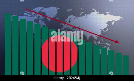 Bandiera del Bangladesh sul concetto della tabella delle barre con i valori decrescenti, concetto di crisi economica, conflitti politici, concetto di guerra con la bandiera Foto Stock