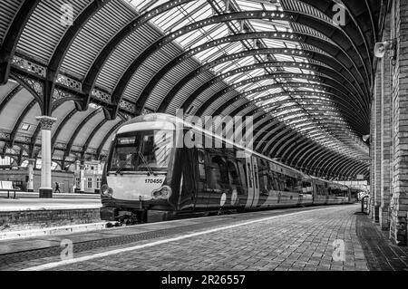 Un treno si trova accanto a una piattaforma e sotto una storica tettoia in ferro e curvo. Una locomotiva brillante si prepara a partire e una piattaforma in mattoni è nel Foto Stock