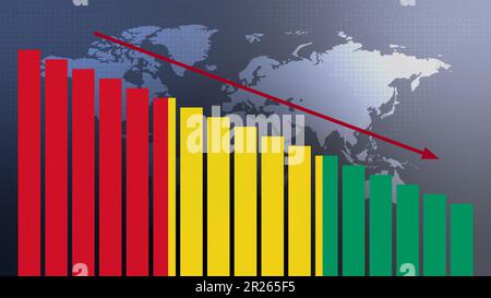 Bandiera della Guinea su grafico a barre concetto con valori decrescenti, concetto di crisi economica, conflitti politici, concetto di guerra con bandiera Foto Stock