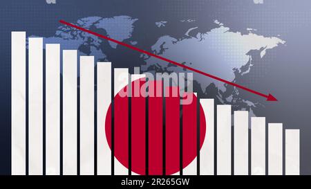 Bandiera del Giappone sul concetto di grafico a barre con valori decrescenti, concetto di crisi economica, conflitti politici, concetto di guerra con bandiera Foto Stock
