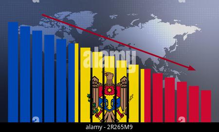Bandiera Moldova su grafico a barre concetto con valori decrescenti, concetto di crisi economica, conflitti politici, concetto di guerra con bandiera Foto Stock