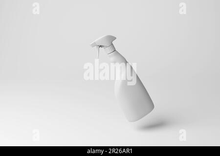 Flacone spray bianco per pulizia in aria media su sfondo bianco per creare una camera monocromatica. Illustrazione del concetto di pulizia Foto Stock