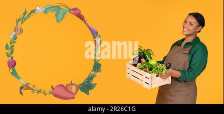 African Farmer Woman Holding Box con verdure fresche, sfondo giallo Foto Stock