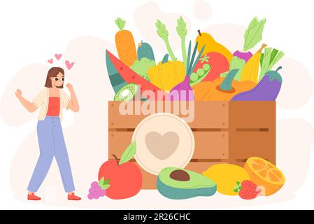 Carattere vegetariano. Frutta e verdura in scatola di legno. Dieta sana, cibo naturale biologico fresco. Ingredienti della vitamina, ragazza del vettore vegan snugly Illustrazione Vettoriale