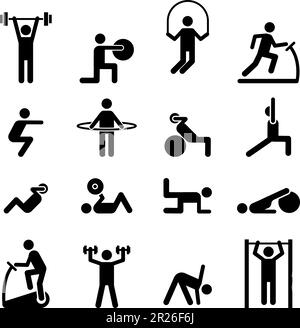 Icone Sport People. Palestra sollevamento caldo stretch simboli, fitness posa pittogrammi, esercizi sportivi atleta silhouette vettoriali Illustrazione Vettoriale