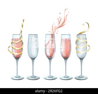 Bicchieri con champagne rosa, vuoti con un nastro e un tubetto da cocktail. Illustrazione dell'acquerello. Oggetti isolati da un grande set di BUON COMPLEANNO Foto Stock