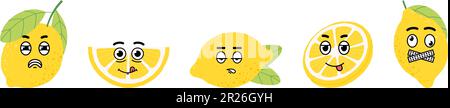Limoni pazzi con volti divertenti. Adesivi per cartoni animati alla moda, personaggi astratti decorativi. Citrus emotivi isolati, grafica vettoriale carino Illustrazione Vettoriale