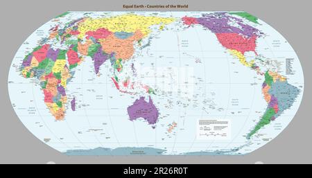 Mappa del mondo politico amichevole cieco a colori proiezione della Terra uguale E. Asia e Australia (150E) Illustrazione Vettoriale