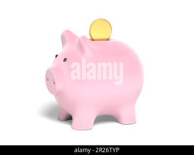 Rosa piggy banca e moneta isolato su sfondo bianco. Concetto di risparmio di denaro. illustrazione 3d. Foto Stock