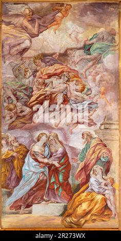 NAPOLI, ITALIA - 20 APRILE 2023: Affresco della Visitazione nella chiesa Basilica di Santa Maria degli Angeli a Pizzofalcone di Giovan Battista Beinaschi Foto Stock