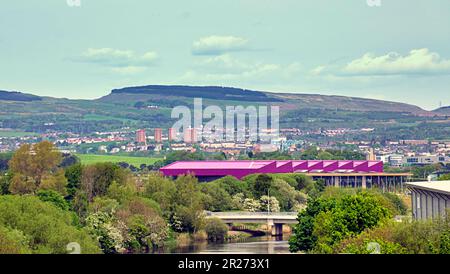 near glasgow airport aerial view of clydebank and kilpatrick hills with the cart river in the foreground from south near paisley Stock Photo