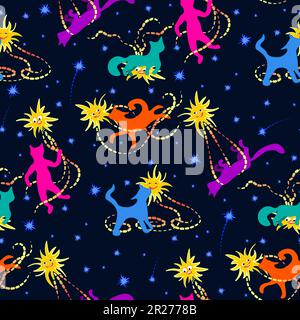 Gatti divertenti nello spazio luminoso modello senza giunture Illustrazione Vettoriale