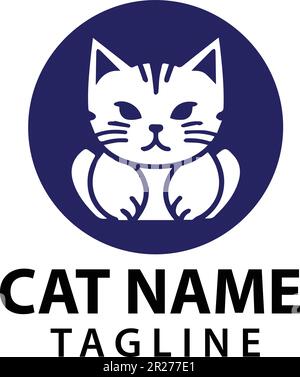 Un carino gatto semplice logo design in bianco e sfondo blu arrotondato. Illustrazione Vettoriale