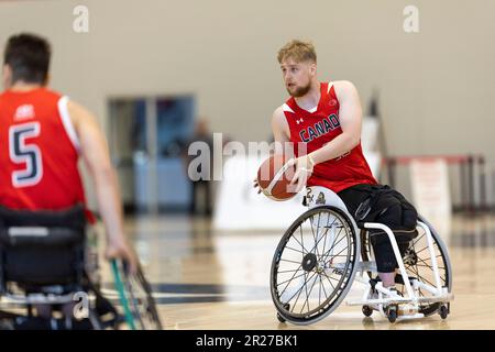 Ottawa, Canada. 17 maggio 2023. WES Johnston (23) della squadra canadese di basket maschile su sedia a rotelle nell'azione maschile su sedia a rotelle nella squadra canadese di sviluppo contro la nazionale olandese nel torneo Invitational di Ottawa alla Carleton University. Copyright 2023 Sean Burges / Mundo Sport Images / Alamo Live News. Foto Stock