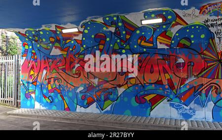 Arte murale del sottopassaggio nel sottopassaggio Midland Way, vicino alla stazione degli autobus di Warrington, dell'artista Tim Twist & Youth zone Young People, Cheshire, UK, WA2 7NB Foto Stock