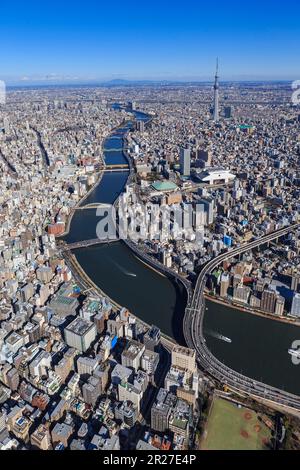 Ponti in vari colori attraverso il fiume Sumida e Sky Tree visto dal cielo sopra Chuo Ward Foto Stock