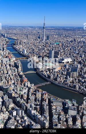 Ponti in vari colori attraverso il fiume Sumida e Sky Tree visto dal cielo sopra Chuo Ward Foto Stock