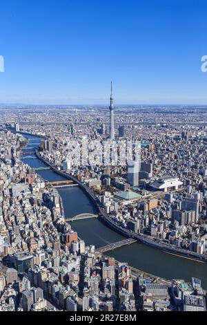 Ponti in vari colori attraverso il fiume Sumida e Sky Tree visto dal cielo sopra Chuo Ward Foto Stock