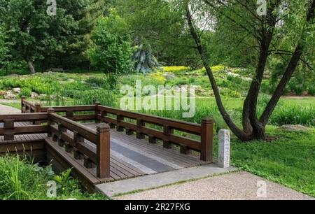 Ponte giapponese costruito con pietre da Nagasaki e Hiroshima nel 1985 in commemorazione del bombardamento; Lyndale Park Peace Garden a Minneapolis, Minneapolis, Minneapolis Foto Stock