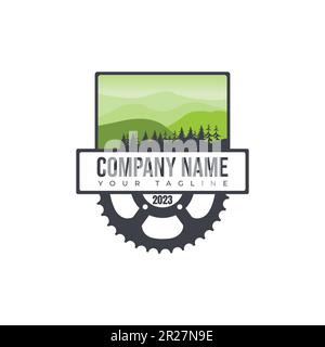 Logo della community Mountain Bike. Extreme mountain bike logo design gear mountain concept per la comunità ciclistica Illustrazione Vettoriale