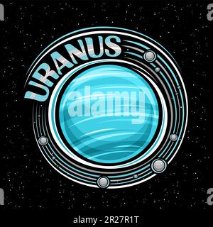 Logo vettoriale per Urano, stampa fantasy decorativa con pianeta rotante urano e molte lune, superficie ventosa a gas, badge cosmo con esclusiva lettera a pennello Illustrazione Vettoriale