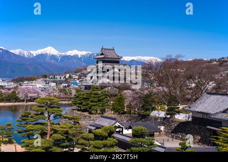 Castello di Matsumoto e Alpi del Nord Foto Stock