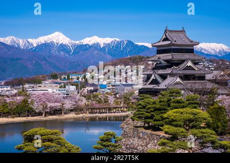 Castello di Matsumoto e Alpi del Nord Foto Stock