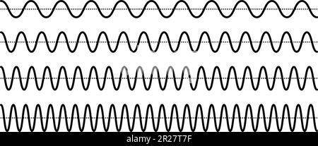 Segnali sinusoidi impostati. Collezione di onde sonore curve nere. Concetto di audio vocale o musicale. Gruppo linee di segnale a impulsi. Radiografica elettronica con frequenza e ampiezza diverse. Bundle vettoriale Illustrazione Vettoriale