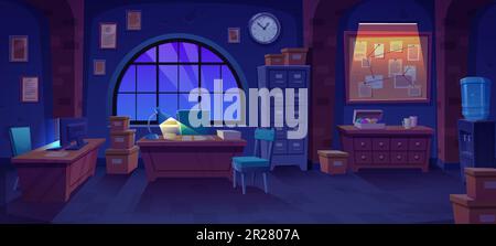Stanza interna della stazione di polizia notturna. Scuro interno bureau sfondo cartone animato con lampada e computer raggio luminoso. Armadio dell'agenzia di sicurezza legale con finestra per il luogo di lavoro dello sperimentatore con tavolo Illustrazione Vettoriale