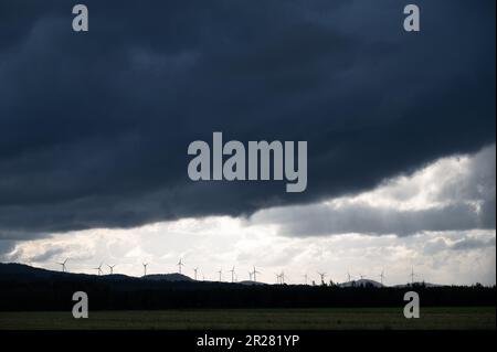 Ammira un campo di fieno raccolto su una lontana collina alberata su un crinale che ospita un'enorme fattoria eolica a Toiga Atherton Tablelands, Australia. Foto Stock