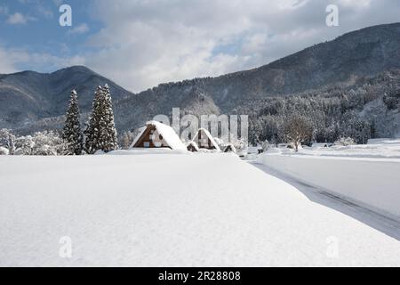 Shiragawago villaggio coperto di neve Foto Stock